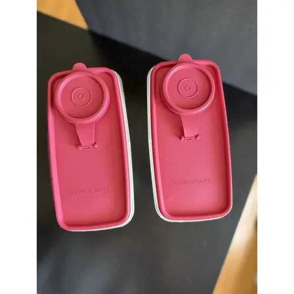 Vintage Tupperware Pour All Set 2 Raspberry Pink Lids Cereal Flour Storage - Picture 2 of 6